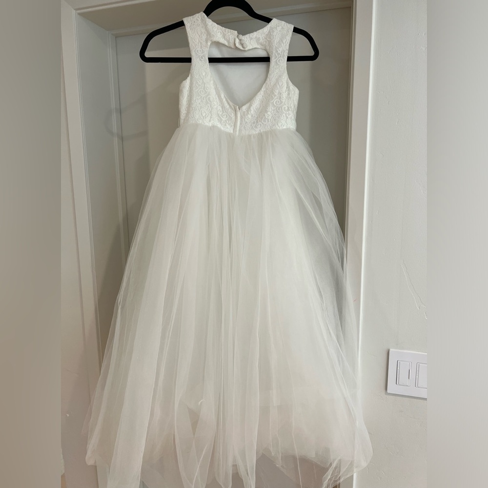 Girl’s Long White Bridal Dress Open Heart Back